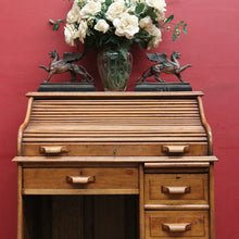 Load image into Gallery viewer, Antique English oak single pedestal roll top desk with key and fitted interior. B13022
