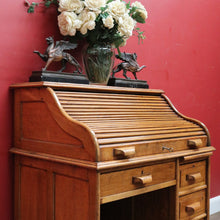 Load image into Gallery viewer, Antique English oak single pedestal roll top desk with key and fitted interior. B13022
