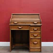 Load image into Gallery viewer, Antique English oak single pedestal roll top desk with key and fitted interior. B13022
