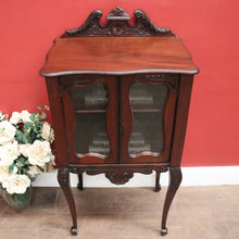 Load image into Gallery viewer, Antique English Mahogany Hall Cabinet – Glass Doors, Carved Detail, with Key. B12595
