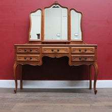 Load image into Gallery viewer, Vintage French tri mirror dressing table with bevelled mirrors and five drawers. B12801
