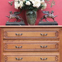 Load image into Gallery viewer, Vintage French oak chest of drawers with carved detail and cabriole legs. B12769
