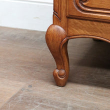 Load image into Gallery viewer, Vintage French oak chest of drawers with carved detail and cabriole legs. B12769
