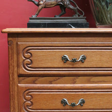 Load image into Gallery viewer, Vintage French oak chest of drawers with carved detail and cabriole legs. B12769
