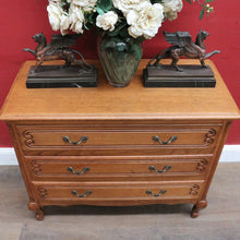 Load image into Gallery viewer, Vintage French oak chest of drawers with carved detail and cabriole legs. B12769
