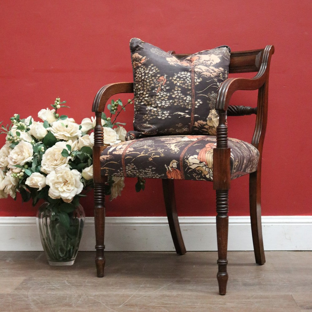 Antique English Mahogany Armchair with Japanese-Themed Upholstery. B12628