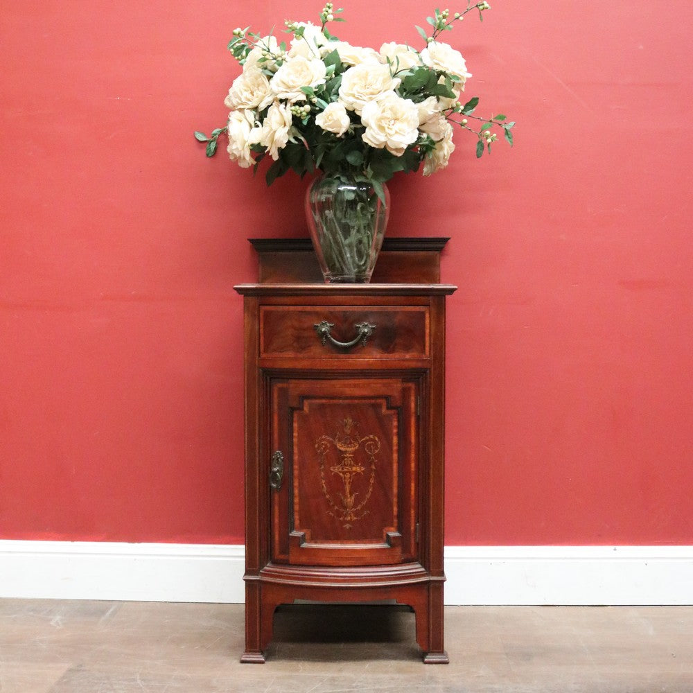 Antique English Mahogany Cabinet with Inlaid Floral Detail and Backboard. B12629