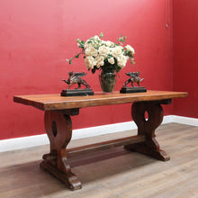 Load image into Gallery viewer, Antique French oak refectory table with slab top and stretcher base. B13029
