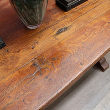 Load image into Gallery viewer, Antique French oak refectory table with slab top and stretcher base. B13029
