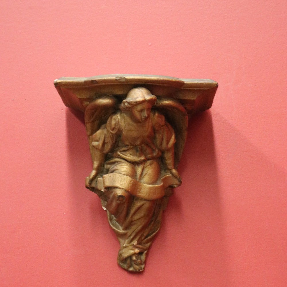 Antique Gilt Plaster Wall Shelf with Angel Holding Ribbon – Ready to Hang. B12401