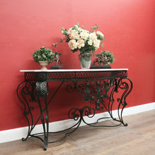 Load image into Gallery viewer, French wrought iron and marble top hall console table with scrollwork base. B12636
