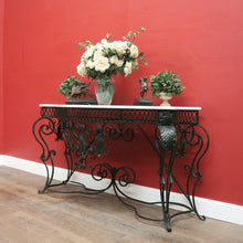 Load image into Gallery viewer, French wrought iron and marble top hall console table with scrollwork base. B12636
