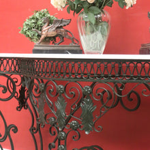 Load image into Gallery viewer, French wrought iron and marble top hall console table with scrollwork base. B12636
