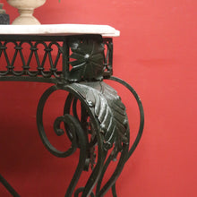Load image into Gallery viewer, French wrought iron and marble top hall console table with scrollwork base. B12636
