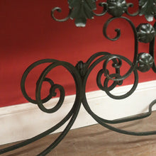 Load image into Gallery viewer, French wrought iron and marble top hall console table with scrollwork base. B12636
