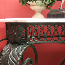 Load image into Gallery viewer, French wrought iron and marble top hall console table with scrollwork base. B12636
