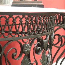 Load image into Gallery viewer, French wrought iron and marble top hall console table with scrollwork base. B12636
