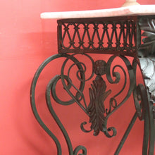 Load image into Gallery viewer, French wrought iron and marble top hall console table with scrollwork base. B12636
