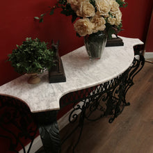 Load image into Gallery viewer, French wrought iron and marble top hall console table with scrollwork base. B12636
