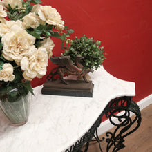 Load image into Gallery viewer, French wrought iron and marble top hall console table with scrollwork base. B12636
