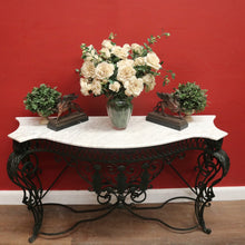 Load image into Gallery viewer, French wrought iron and marble top hall console table with scrollwork base. B12636
