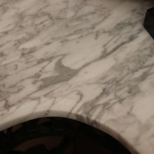 Load image into Gallery viewer, French wrought iron and marble top hall console table with scrollwork base. B12636
