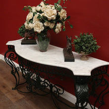 Load image into Gallery viewer, French wrought iron and marble top hall console table with scrollwork base. B12636

