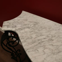 Load image into Gallery viewer, French wrought iron and marble top hall console table with scrollwork base. B12636
