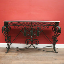 Load image into Gallery viewer, French wrought iron and marble top hall console table with scrollwork base. B12636
