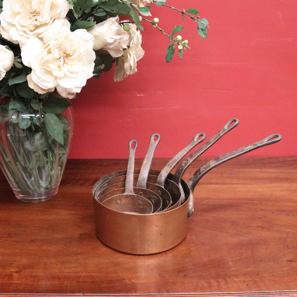 Set of Five Antique French Copper Saucepans with Cast Iron Handles. B12412