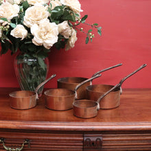 Load image into Gallery viewer, Set of Five Antique French Copper Saucepans with Cast Iron Handles. B12412
