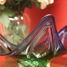 Load image into Gallery viewer, Mid-Century Val St Lambert Blue Green Triangular Art Glass Vase. B12633
