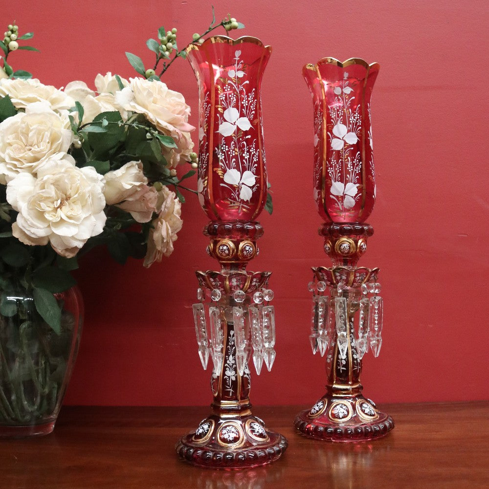 x SOLD Striking Pair of Antique Ruby Glass Hurricane Lamps with Prisms and Gilding. B12634