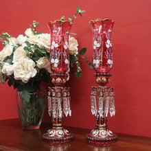 Load image into Gallery viewer, x SOLD Striking Pair of Antique Ruby Glass Hurricane Lamps with Prisms and Gilding. B12634

