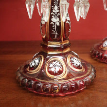 Load image into Gallery viewer, x SOLD Striking Pair of Antique Ruby Glass Hurricane Lamps with Prisms and Gilding. B12634
