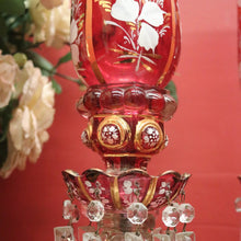 Load image into Gallery viewer, x SOLD Striking Pair of Antique Ruby Glass Hurricane Lamps with Prisms and Gilding. B12634
