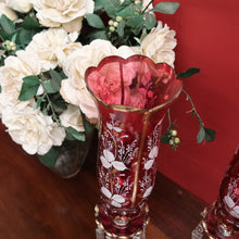 Load image into Gallery viewer, x SOLD Striking Pair of Antique Ruby Glass Hurricane Lamps with Prisms and Gilding. B12634
