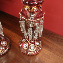 Load image into Gallery viewer, x SOLD Striking Pair of Antique Ruby Glass Hurricane Lamps with Prisms and Gilding. B12634
