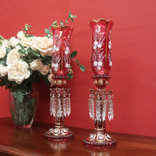 Load image into Gallery viewer, x SOLD Striking Pair of Antique Ruby Glass Hurricane Lamps with Prisms and Gilding. B12634
