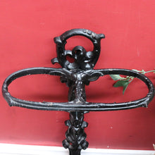 Load image into Gallery viewer, Antique French Cast Iron Umbrella Stand with Drip Tray and Decorative Black Enamel Finish. B12500
