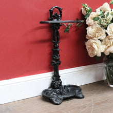 Load image into Gallery viewer, Antique French Cast Iron Umbrella Stand with Drip Tray and Decorative Black Enamel Finish. B12500
