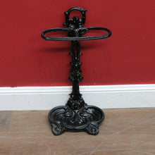 Load image into Gallery viewer, Antique French Cast Iron Umbrella Stand with Drip Tray and Decorative Black Enamel Finish. B12500
