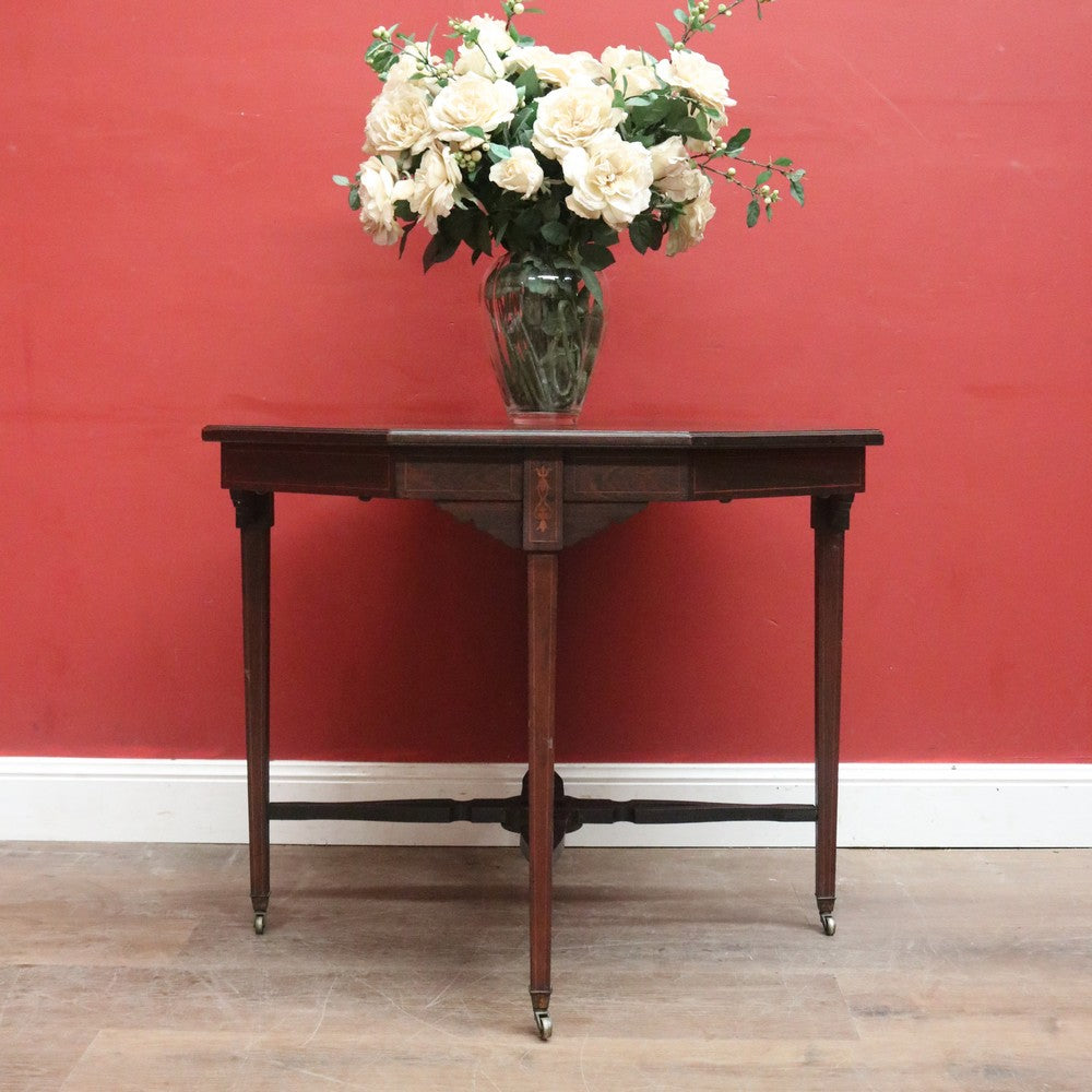 Antique English rosewood hexagonal table with string inlay and X-stretcher. B12233