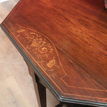 Load image into Gallery viewer, Antique English rosewood hexagonal table with string inlay and X-stretcher. B12233
