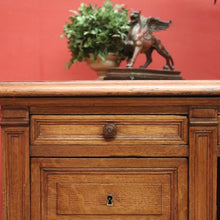 Load image into Gallery viewer, Antique English oak and tan leather office desk with drawers and cupboard. B12635
