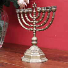 Load image into Gallery viewer, French Antique Brass Hanukkah Menorah with Octagonal Base and Star of David. B12788

