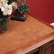Load image into Gallery viewer, Antique English oak and tan leather office desk with drawers and cupboard. B12635
