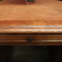 Load image into Gallery viewer, Antique English oak and tan leather office desk with drawers and cupboard. B12635
