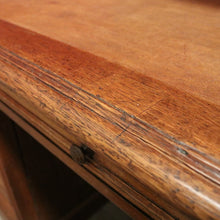 Load image into Gallery viewer, Antique English oak and tan leather office desk with drawers and cupboard. B12635
