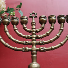 Load image into Gallery viewer, French Antique Brass Hanukkah Menorah with Octagonal Base and Star of David. B12788
